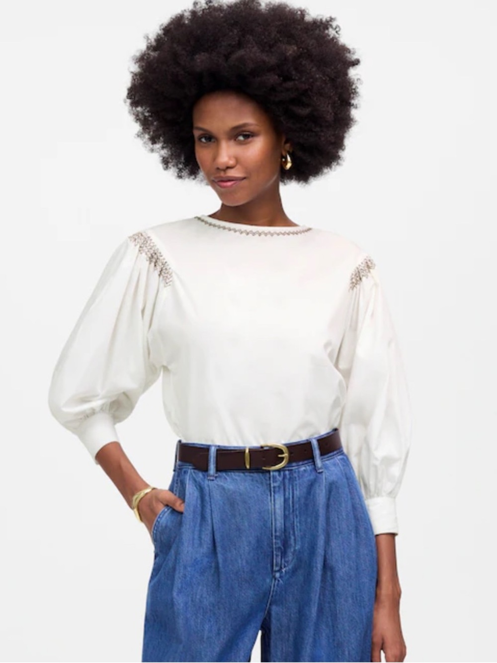 Madewell Embroidered Poplin Balloon-Sleeve Top White Brown Cotton NU455 $98 XS